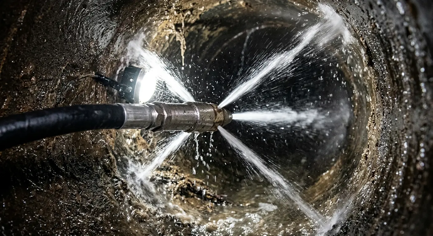 High-pressure hydro jetting nozzle cleaning sewer pipe for Sewer Cleanout in Crestwood