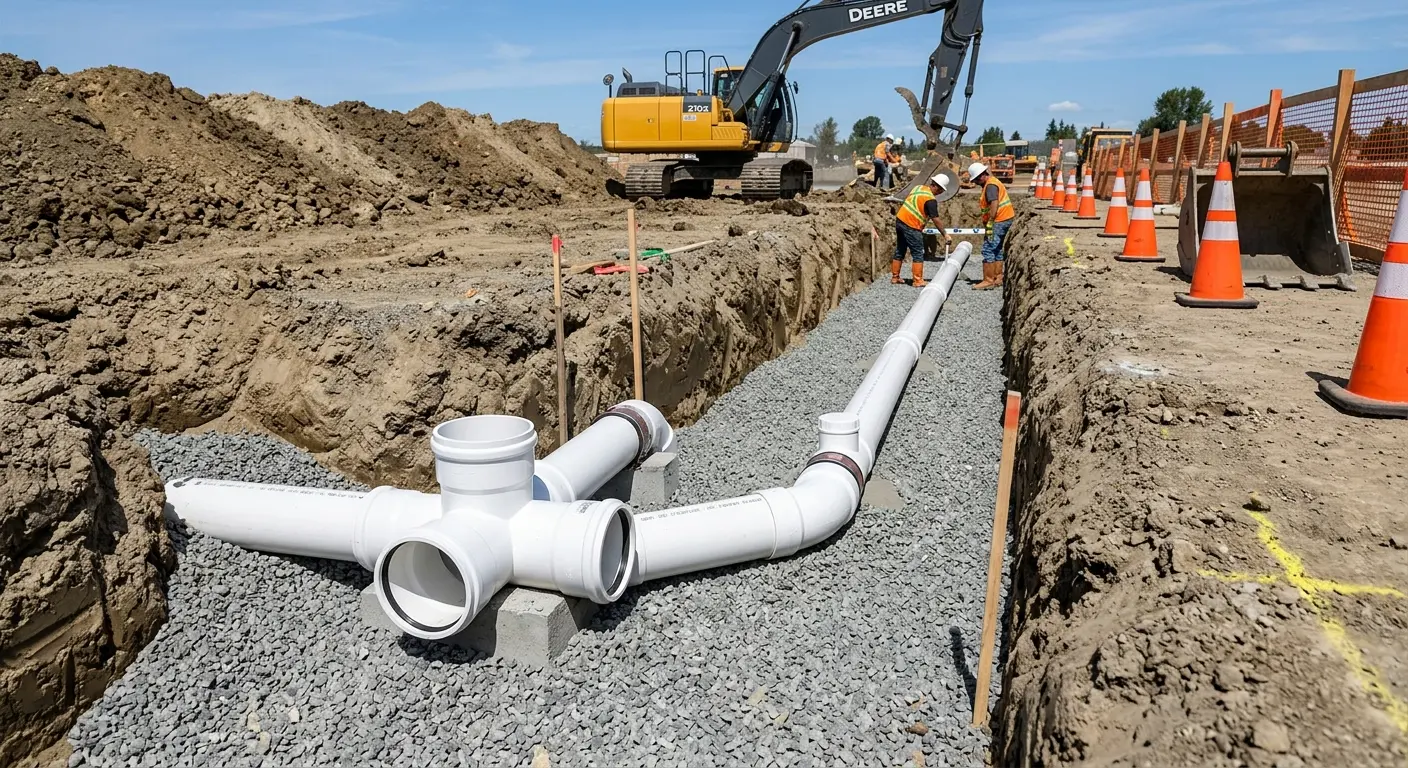 New PVC sewer pipe installation in open trench for Commercial Drain Cleaning in Crestwood