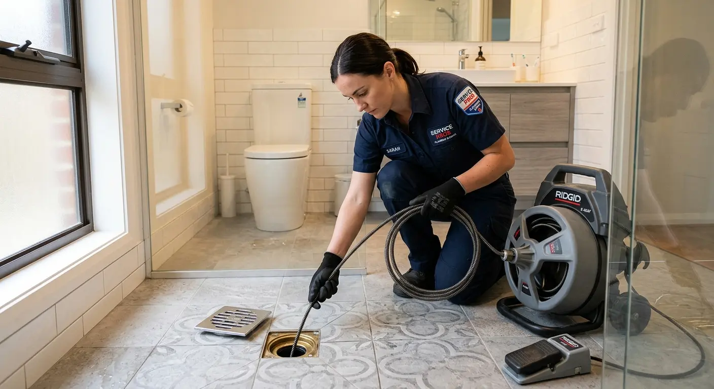 Technician clearing a bathroom floor drain for Drain Cleaning in Crestwood